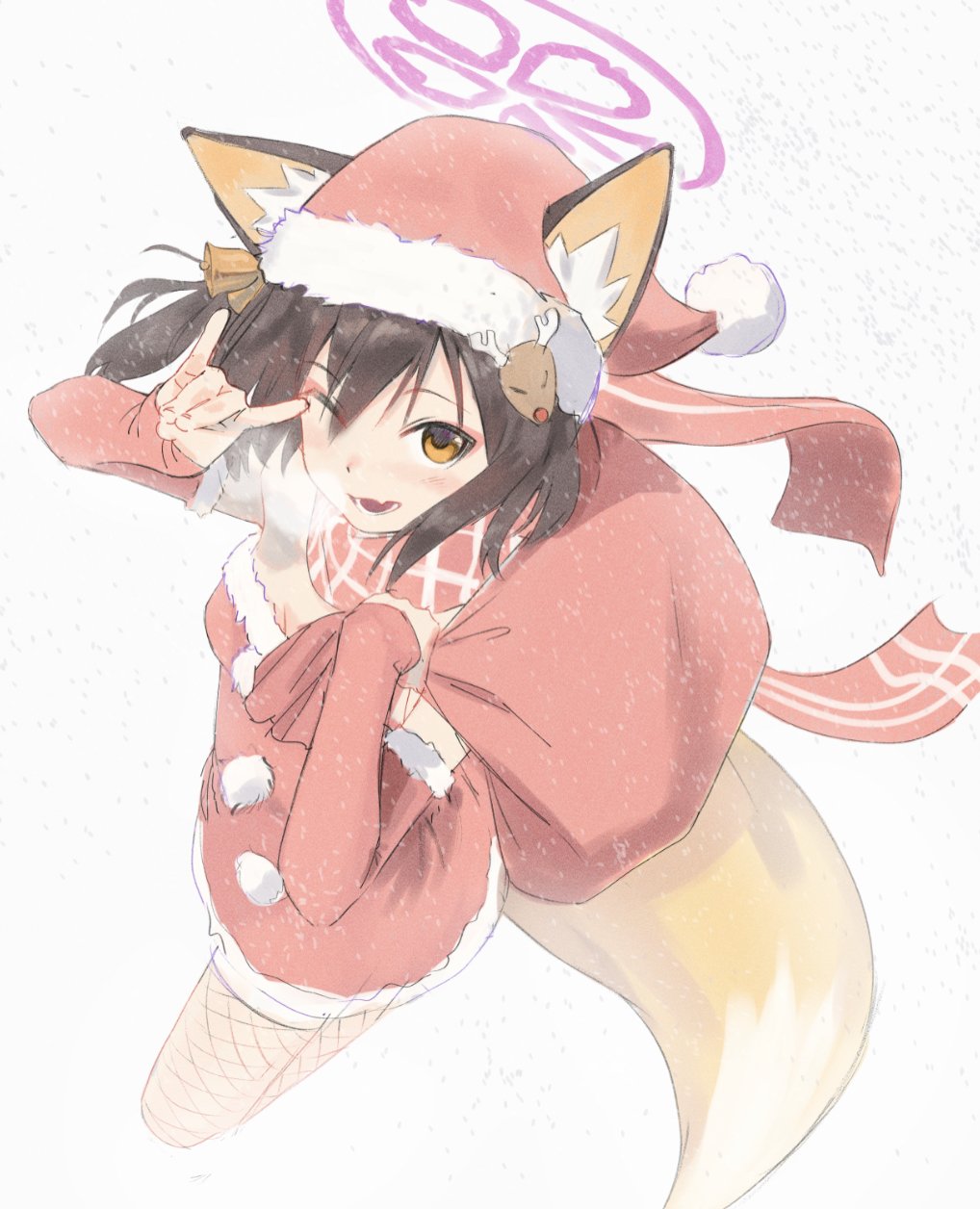1girl animal_ear_fluff animal_ears arm_warmers blue_archive brown_hair christmas fang fishnet_legwear fishnets fox_ears fox_shadow_puppet fox_tail halo hat highres holding holding_sack izuna_(blue_archive) kidou_senshi_nama_ino light_blush looking_at_viewer medium_hair one_eye_closed one_side_up orange_eyes red_scarf reindeer_hair_ornament sack santa_costume santa_hat scarf simple_background skin_fang snowing solo striped_clothes striped_scarf tail white_background