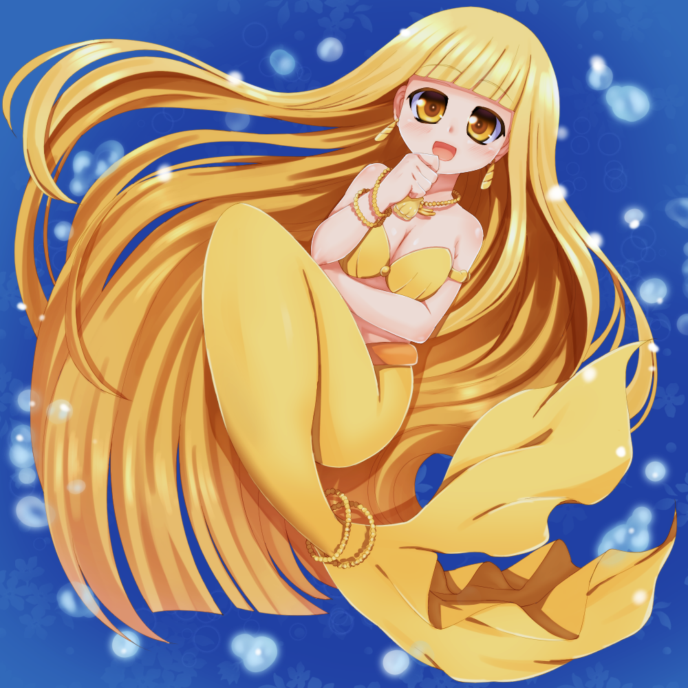 00s 1girl bad_id bad_pixiv_id bikini blonde_hair coco_(mermaid)_(mermaid_melody_pichi_pichi_pitch) coco_(mermaid_melody_pichi_pichi_pitch) fins fish_tail hikataso jewelry long_hair lots_of_jewelry mermaid mermaid_melody_pichi_pichi_pitch monster_girl necklace shell shell_bikini tail very_long_hair yellow_eyes