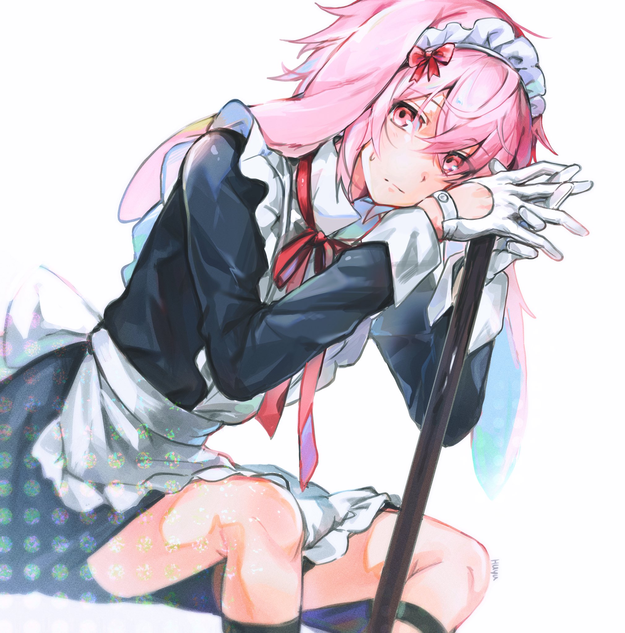 1boy alternate_costume animal_ears ansel_(arknights) apron arknights bow closed_mouth crossed_bangs enmaided frills gloves hair_between_eyes hair_bow highres long_sleeves looking_at_viewer maid maid_headdress male_focus pink_eyes pink_hair rabbit_boy rabbit_ears red_bow red_ribbon ribbon short_hair signature simple_background sitting skirt solo sweatdrop trap wed_(lim38869577) white_background white_gloves