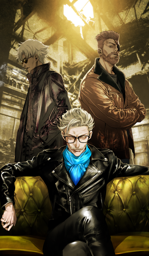 3boys beard black-framed_eyewear black_coat black_jacket black_pants blue_scarf brown_background brown_facial_hair brown_hair brown_jacket cigarette closed_mouth coat colored_lapels commentary couch crossed_arms crossed_legs dark-skinned_male dark_skin emiya_kiritsugu emiya_kiritsugu_(assassin) eyepatch facial_hair fate/grand_order fate_(series) full_beard grey_hair grey_shirt hair_slicked_back hand_in_pocket indoors jacket james_moriarty_(archer)_(fate) kiyohara_hiro leather leather_jacket long_sleeves looking_at_viewer male_focus multiple_boys mustache official_alternate_costume official_art old old_man on_couch pants popped_collar scarf shirt short_hair sitting smoking standing sunglasses third-party_source v-shaped_eyebrows white_hair william_tell_(fate)