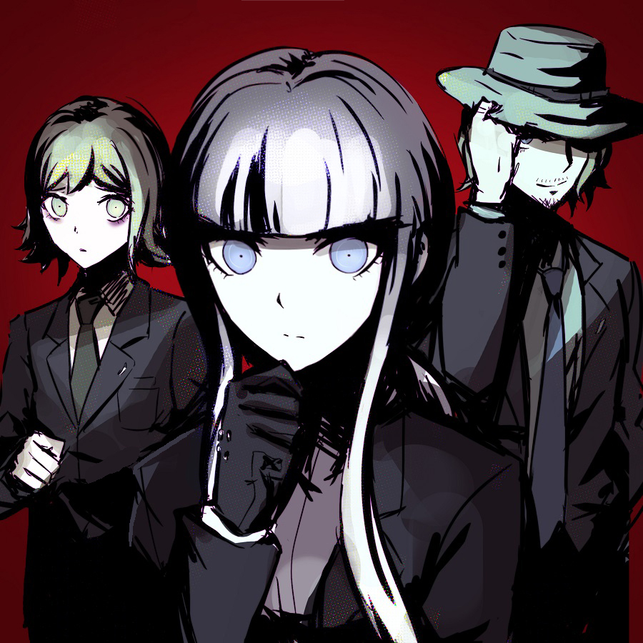 1girl 2boys black_gloves black_jacket blonde_hair brown_eyes brown_necktie closed_mouth collared_shirt danganronpa_(series) danganronpa_3_(anime) facial_hair gloves goatee gradient_background grey_headwear grey_necktie grey_shirt hand_up jacket kirigiri_kyoko long_hair long_sleeves matsuda_yasuke mitarai_ryota multiple_boys necktie official_alternate_costume official_alternate_hairstyle pale_skin pink_eyes qosic red_background shirt short_hair sketch smile stubble