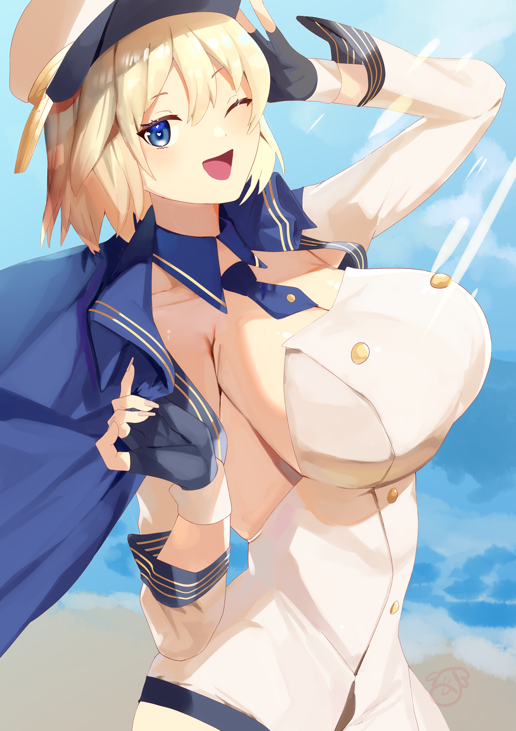 1girl aiushi_(lovecowjp) azur_lane blonde_hair blue_eyes blue_gloves blue_jacket blush breasts california_(azur_lane) feet_out_of_frame fingerless_gloves fingernails gloves hand_on_headwear highres holding holding_jacket holding_unworn_clothes jacket jacket_on_shoulders large_breasts looking_at_viewer one_eye_closed open_mouth short_hair sideboob solo standing unworn_jacket upper_body