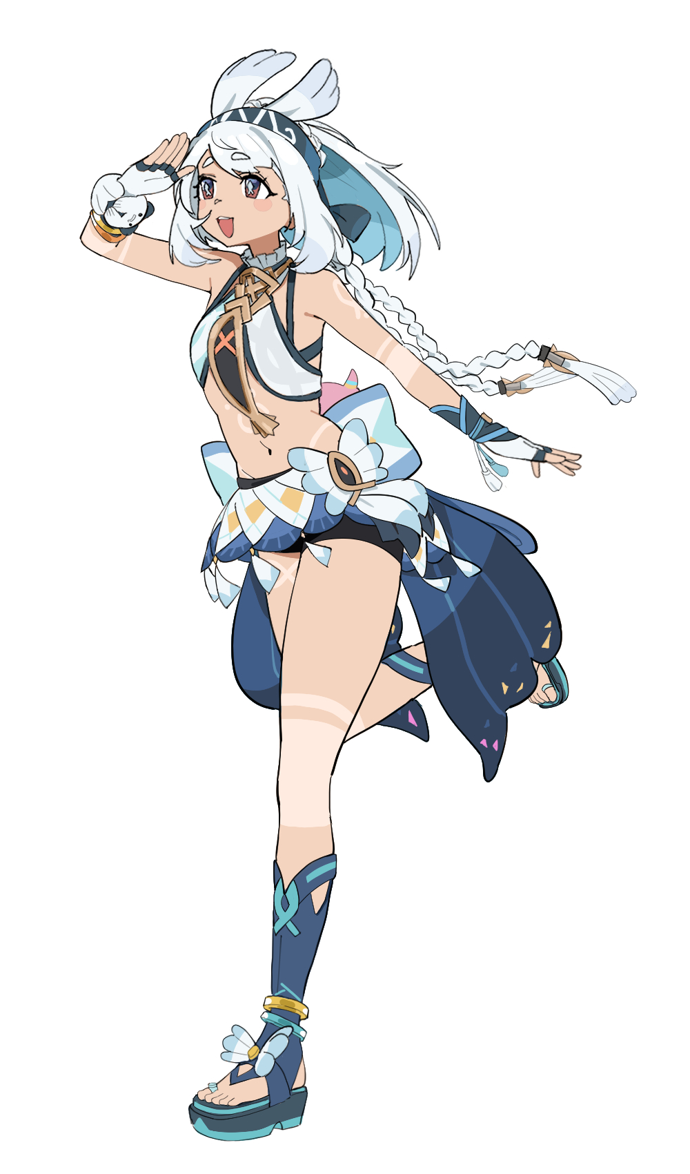 1girl adon_(dufaladanidu) braid brown_eyes fingerless_gloves full_body genshin_impact gloves highres mualani_(genshin_impact) sandals shorts simple_background solo standing standing_on_one_leg twin_braids twitter white_background white_hair