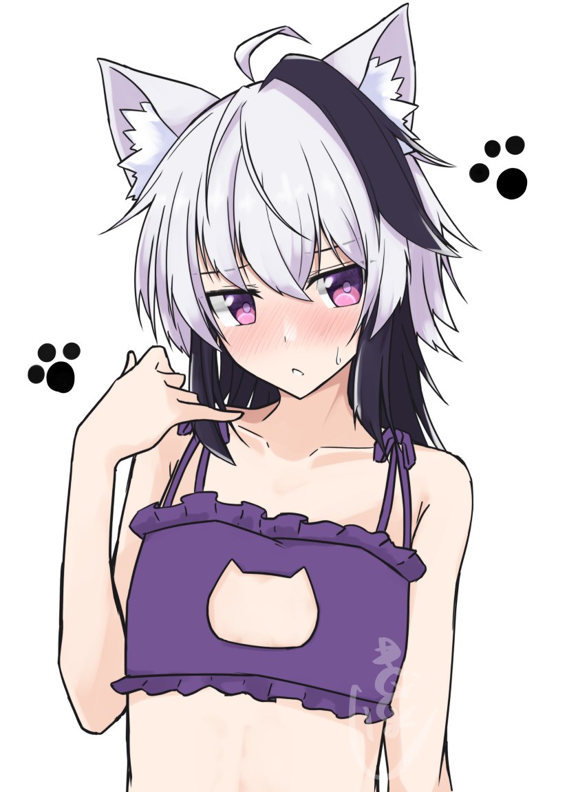 1girl ahoge androgynous animal_ear_fluff animal_ears arm_at_side armpit_crease bare_arms bare_shoulders bikini black_hair bright_pupils cat_cutout cat_ear_bikini cat_ears clothing_cutout collarbone commentary_request embarrassed flat_chest flower_(gynoid_talk) flower_(vocaloid) frilled_bikini frills gynoid_talk hair_between_eyes hand_up looking_to_the_side medium_hair multicolored_hair parted_lips pink_eyes sena_kizahashi simple_background solo streaked_hair sweatdrop swimsuit two-tone_hair upper_body vocaloid white_background white_hair