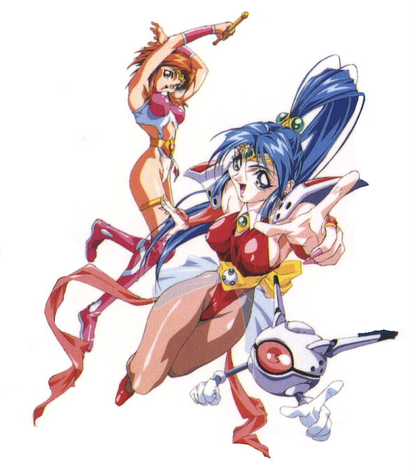 1990s_(style) 2girls armor ball_boy choujin_gakuen_gowcaizer hishizaki_shaia_(gowcaizer) multiple_girls nail_polish oobari_masami retro_artstyle robot son_karin technos
