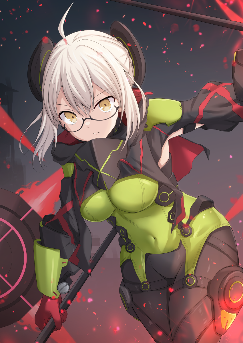 1girl ahoge artoria_pendragon_(fate) black-framed_eyewear black_shrug blonde_hair bodysuit braid braided_bun breasts cross_(crossryou) double_bun dual_wielding fate/grand_order fate_(series) glasses gorget green_bodysuit hair_between_eyes hair_bun highres holding hooded_shrug large_breasts mysterious_heroine_xx_alter_(fate) semi-rimless_eyewear shrug_(clothing) solo under-rim_eyewear yellow_eyes