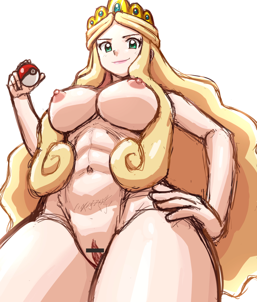 1girl abs bar_censor blonde_hair breasts censored crown female_focus green_eyes hand_on_own_hip ilene_(pokemon) large_breasts long_hair looking_at_viewer looking_down nakaba nintendo nude poke_ball pokemon pokemon_(anime) smile solo white_background