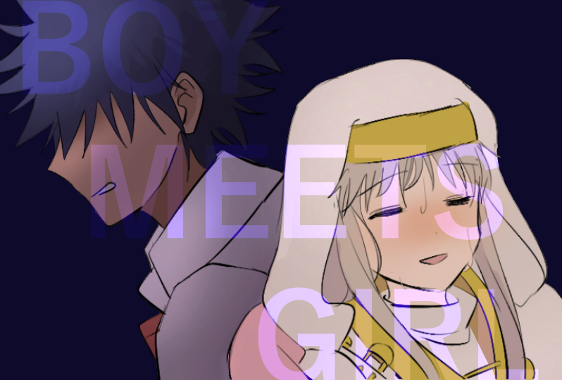 1boy 1girl a_certain_high_school_uniform black_hair english_text grey_hair habit index_(toaru_majutsu_no_index) kamijou_touma long_hair nmdsk nun open_mouth robe safety_pin school_uniform shirt simple_background spiked_hair toaru_majutsu_no_index