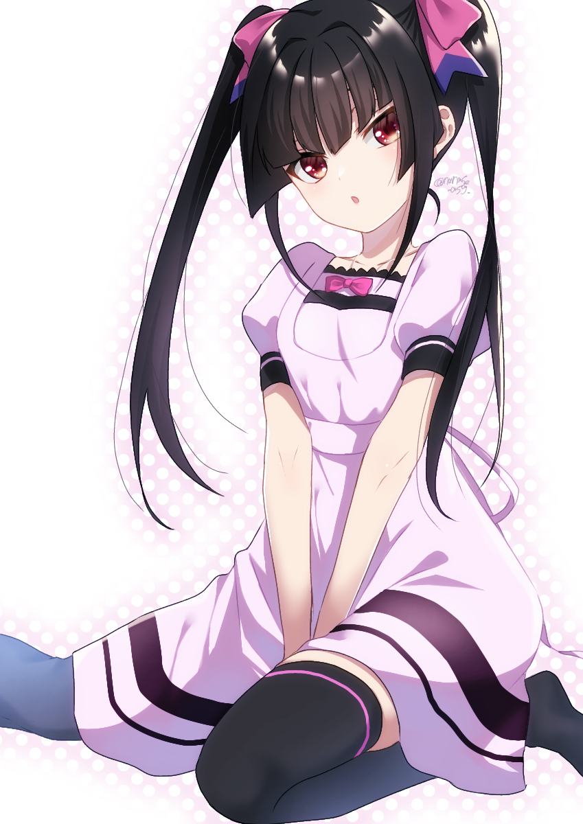 1girl :o asagi_nanase between_legs black_hair black_thighhighs bow commentary_request dress foot_out_of_frame hair_ribbon hand_between_legs highres long_hair looking_at_viewer open_mouth pink_bow pink_dress pink_ribbon polka_dot polka_dot_background puffy_short_sleeves puffy_sleeves red_eyes ribbon senki_zesshou_symphogear short_sleeves sidelocks solo thighhighs tsukuyomi_shirabe twintails