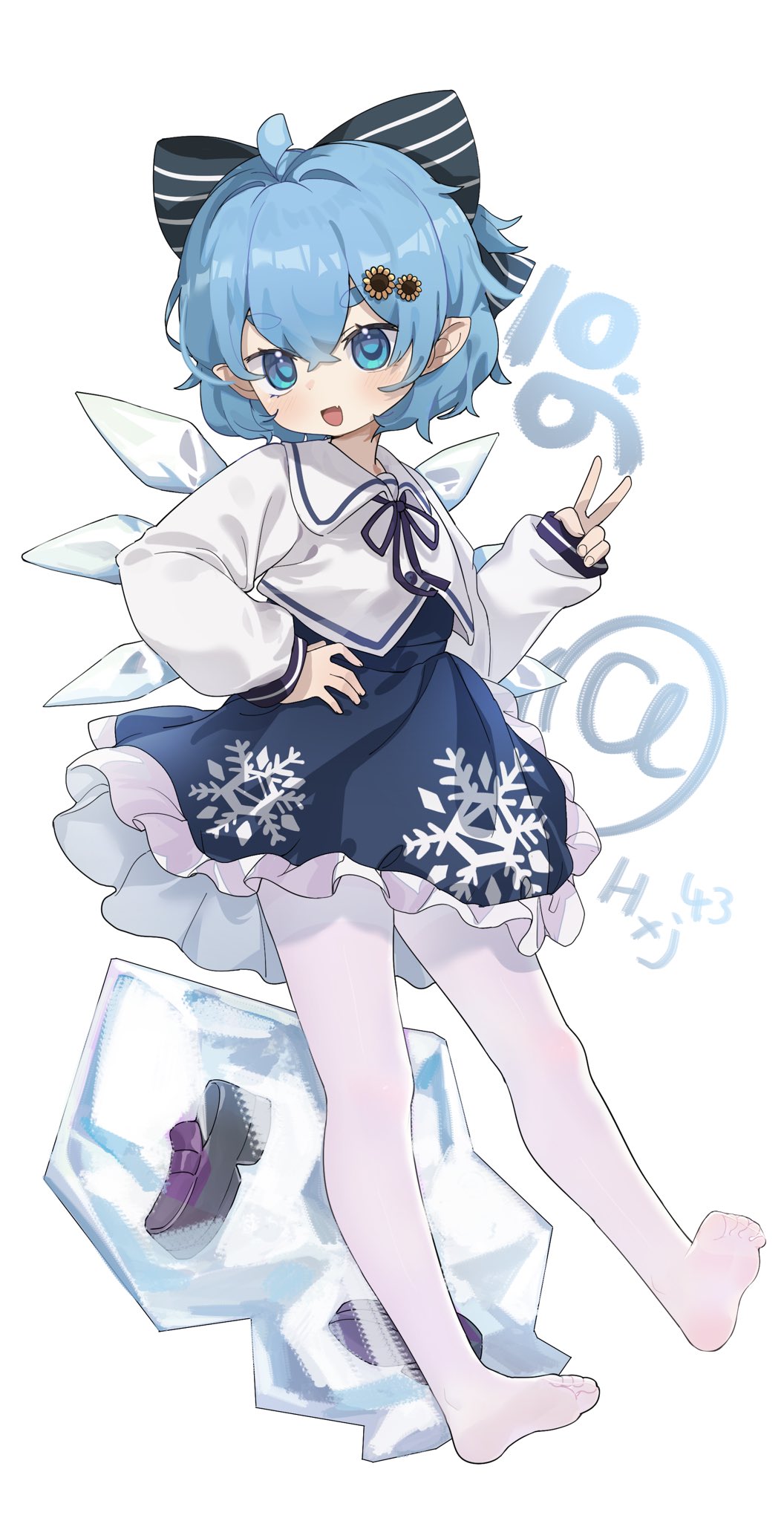 1girl :d adapted_costume ahoge blue_eyes blue_hair bow cirno crossed_bangs double-parted_bangs fingernails flower hair_between_eyes hair_bow hair_flower hair_ornament hand_on_own_hip hand_up highres hxj_(2324184595) ice ice_wings open_mouth pantyhose petticoat pointy_ears see-through_clothes short_hair simple_background sleeves_past_wrists smile snowflake_print solo standing striped_bow toes touhou v white_background white_pantyhose wings