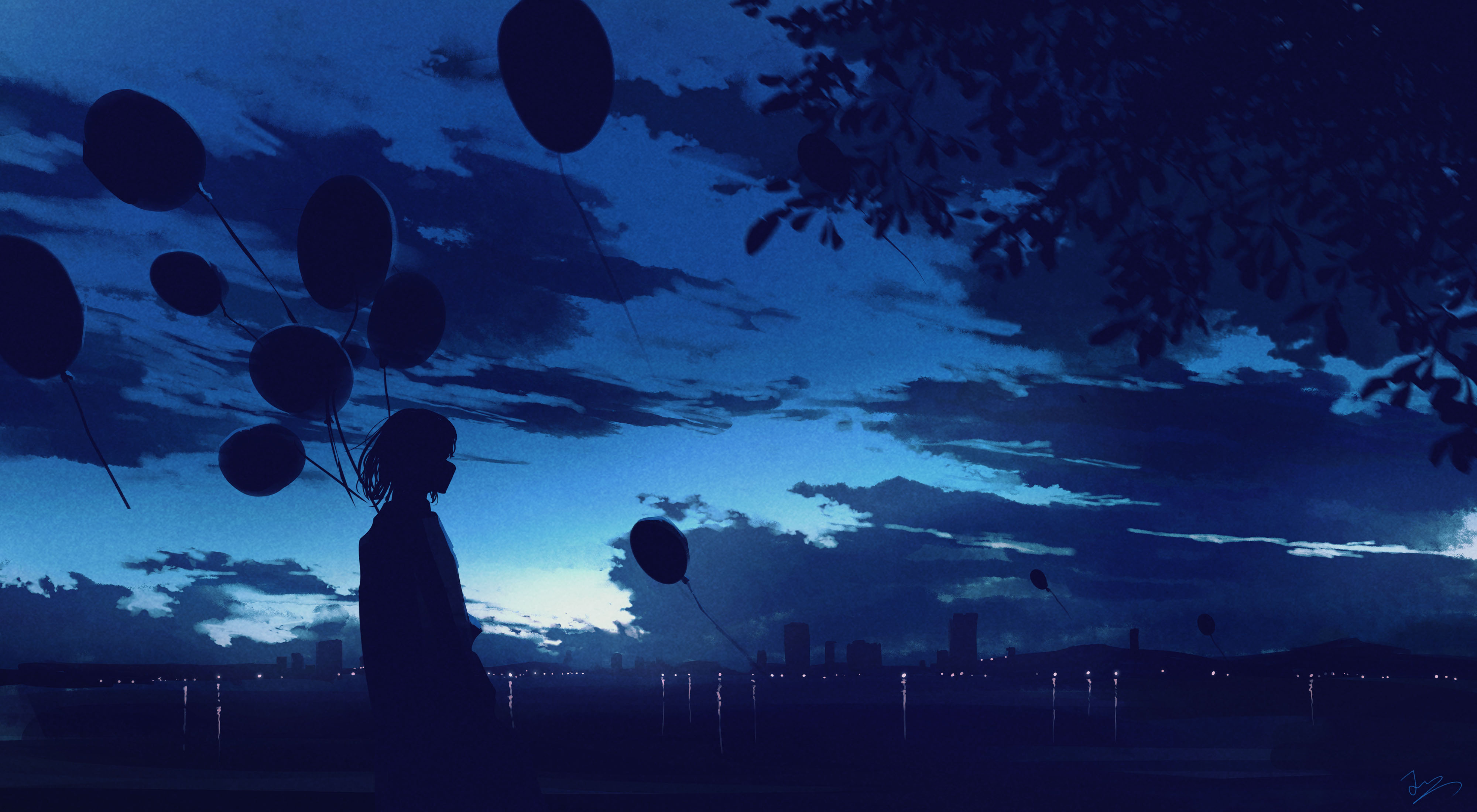 1girl absurdres balloon blue_sky city cloud cloudy_sky dusk evening highres huashijw original outdoors scenery short_hair silhouette sky solo