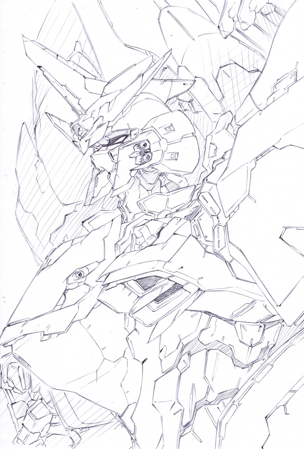 close-up eiji_(tfkn2723) from_side graphite_(medium) greyscale gundam gundam_seed highres justice_gundam looking_up mecha monochrome no_humans redesign robot sketch solo traditional_media v-fin