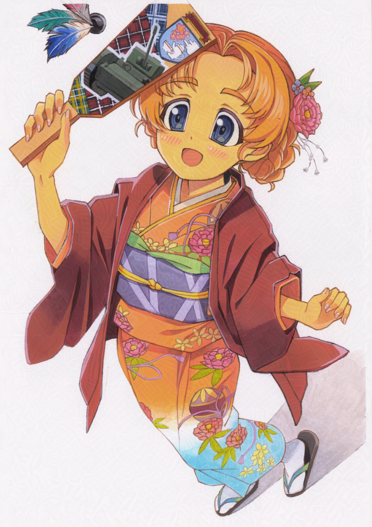 1girl alternate_costume black_sandals blue_eyes braid churchill_(tank) commentary emblem floral_print flower full_body girls_und_panzer hagoita hair_flower hair_ornament hane_(hanetsuki) hanetsuki haori heel_up helmet_(trailblazer003) japanese_clothes kimono long_sleeves military_vehicle motor_vehicle obi open_mouth orange_hair orange_kimono orange_pekoe_(girls_und_panzer) paddle parted_bangs print_kimono red_haori sandals sash short_hair smile socks solo st._gloriana&#039;s_(emblem) standing tabi tank traditional_media twin_braids white_socks wide_sleeves