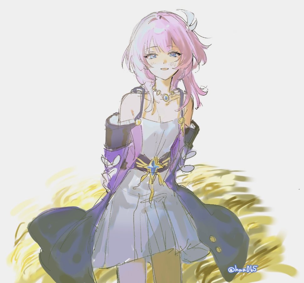 1girl arms_behind_back blue_eyes breasts coat commentary_request cyrene_(honkai:_star_rail) dress haa065 honkai:_star_rail honkai_(series) jewelry looking_at_viewer medium_hair necklace pink_hair purple_coat small_breasts smile solo twintails wheat white_background white_dress
