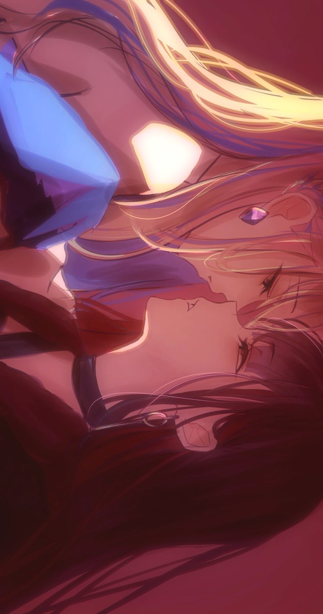 2girls azusawa_kohane bare_shoulders black_choker black_hair blonde_hair blue_hair choker commentary_request earrings eye_contact from_side highres jewelry korean_commentary l0hann1 long_hair looking_at_another multicolored_hair multiple_girls parted_lips profile project_sekai red_background shiraishi_an sideways streaked_hair upper_body whip_the_wimp_girl!!_(project_sekai) yuri