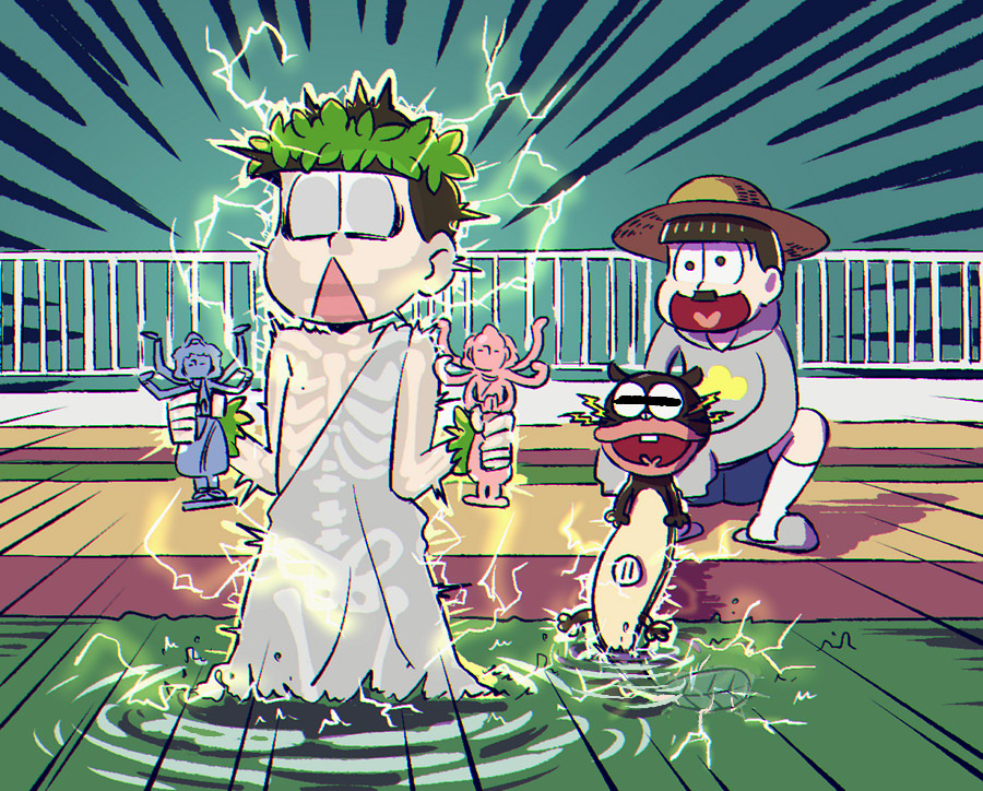 10s 2boys ajirice ancient_greek_clothes bad_id bad_pixiv_id black_hair brothers buck_teeth chiton electricity electrocution fake_facial_hair fake_mustache fence greco-roman_clothes hat heart heart_in_mouth honest_axe hood hoodie laurel_crown male_focus matsuno_jyushimatsu matsuno_todomatsu multiple_boys open_mouth osomatsu-kun osomatsu-san osomatsu_(series) parody partially_submerged shorts siblings skeleton smile statue sun_hat teeth tensai_bakabon toga triangle_mouth unagi_inu wall-eyed x-ray