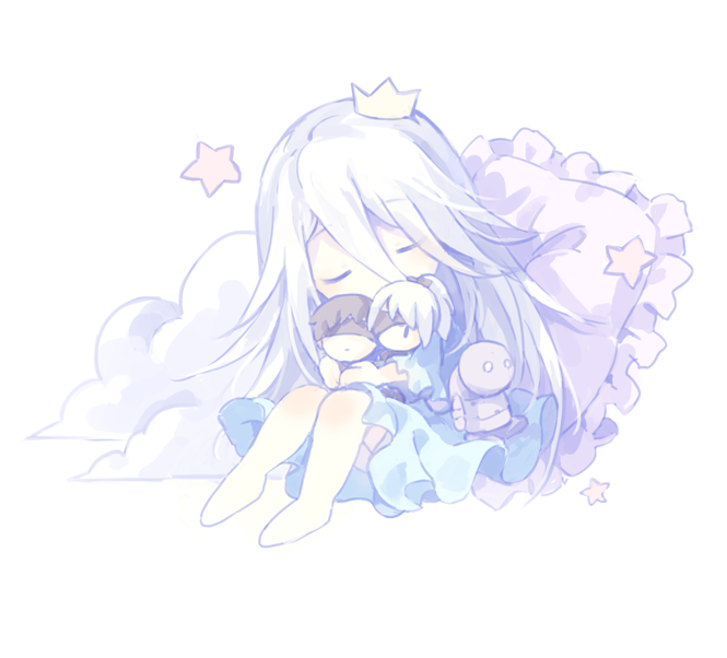 1girl aged_down alternate_costume bat_(coumori) black_hair blindfold commentary_request crown doll dress frilled_dress frills hair_between_eyes kneehighs long_hair machine_(nier) nier_(series) nier:automata pillow simple_background sleeping socks solo star_(symbol) white_background white_hair white_socks 4s_(nier:automata) a2_(nier:automata)