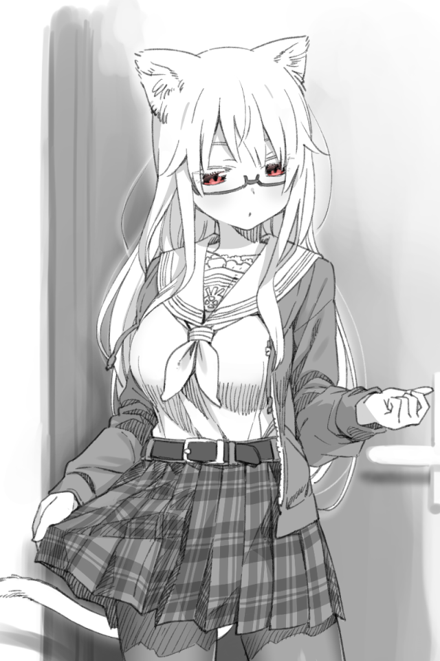 1girl animal_ears belt cardigan cat_ears cat_tail cowboy_shot female_focus glasses greyscale long_hair long_sleeves monochrome neckerchief open_cardigan open_clothes original pantyhose pine-chan_ver._2 pine_(pine-box) plaid_clothes plaid_skirt pleated_skirt red_eyes school_uniform serafuku shirt skirt solo spot_color tail very_long_hair