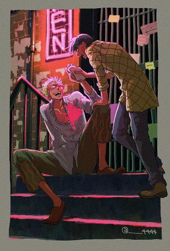 2boys 4444_(tetsuya) aged_down arm_up bars black_hair blonde_hair blood blood_on_clothes capri_pants checkered_clothes donquixote_doflamingo english_text handkerchief holding holding_handkerchief multiple_boys one_piece open_mouth outdoors pants road shirt short_hair sitting smile stairs standing street sunglasses teeth twitter_username vergo_(one_piece) white_shirt yellow_shirt