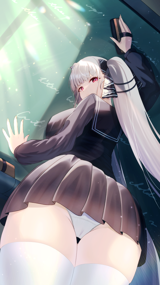 1girl absurdly_long_hair against_wall arm_up ass azur_lane black_ribbon black_shirt board_eraser breasts brown_skirt chalkboard closed_mouth commentary_request formidable_(azur_lane) frilled_sleeves frills from_behind from_below grey_hair hair_ornament hair_ribbon large_breasts light_frown long_hair long_sleeves multicolored_hair panties red_eyes ribbon shadow shirt sideboob skirt solo tako-san_wiener_(takosanuma) thigh_gap thighhighs thighs twintails two-tone_hair underwear very_long_hair voyeurism white_hair white_panties white_thighhighs