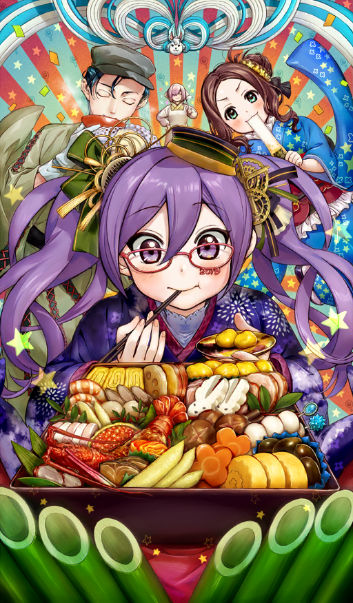 1boy 2019 3girls apron aqua_eyes bamboo_shoot black_bow black_sash blue_hair blue_kimono blush bow bowl box breasts brown_hair chopsticks chopsticks_in_mouth closed_eyes closed_mouth commentary confetti cross-laced_clothes double-parted_bangs drinking_from_bowl eating fate/grand_order fate_(series) food food_request food_trail fou_(fate) frilled_kimono frills gears gloves green_hat green_kimono green_ribbon grey_hat hair_between_eyes hair_bow hair_bun hair_ornament happy hat holding holding_bowl holding_chopsticks holding_food holding_ladle holding_plate in_box in_container japanese_clothes kimono ladle leonardo_da_vinci_(fate) leonardo_da_vinci_(fate/grand_order) leonardo_da_vinci_(rider)_(fate) long_hair long_sleeves mash_kyrielight multicolored_hat multiple_girls new_year number_glasses official_alternate_costume official_art pink_hair plate purple_eyes purple_hair purple_hat purple_kimono red-framed_eyewear ribbon sash sherlock_holmes_(fate) short_hair sidelocks single_side_bun sion_eltnam_(type-moon) sion_eltnam_sokaris star_(symbol) third-party_source twintails v-shaped_eyebrows white_apron white_gloves wide_sleeves yellow_hat yellow_kimono