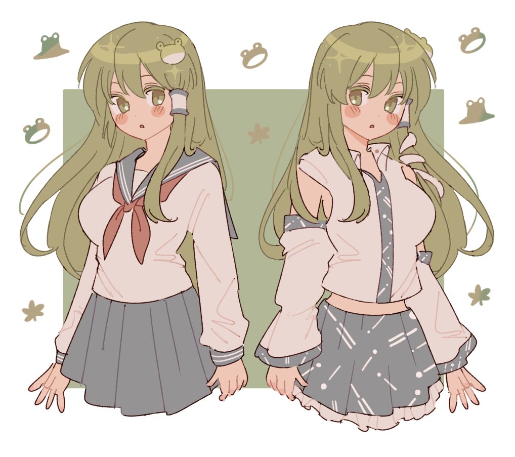 2girls :o alternate_costume bare_shoulders blue_sailor_collar blue_skirt blush_stickers breasts collared_shirt detached_sleeves double-parted_bangs dual_persona frilled_skirt frills frog_hair_ornament green_background green_eyes green_hair hair_ornament hair_tubes kochiya_sanae korean_commentary large_breasts long_hair long_sleeves looking_at_another midriff miniskirt multiple_girls neckerchief open_mouth patterned_clothing pleated_skirt print_skirt rbfnrbf_(mandarin) red_neckerchief sailor_collar school_uniform serafuku shirt simple_background single_hair_tube single_sidelock skirt skirt_set sleeveless sleeveless_shirt snake_hair_ornament touhou upper_body wide_sleeves wing_collar