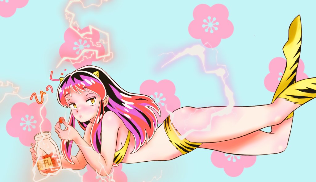 animal_print bikini boots bottle drunk electricity food fruit hiccup horns leg_up looking_at_viewer lum multicolored_hair pink_hair swimsuit tiger_print umeboshi urusei_yatsura