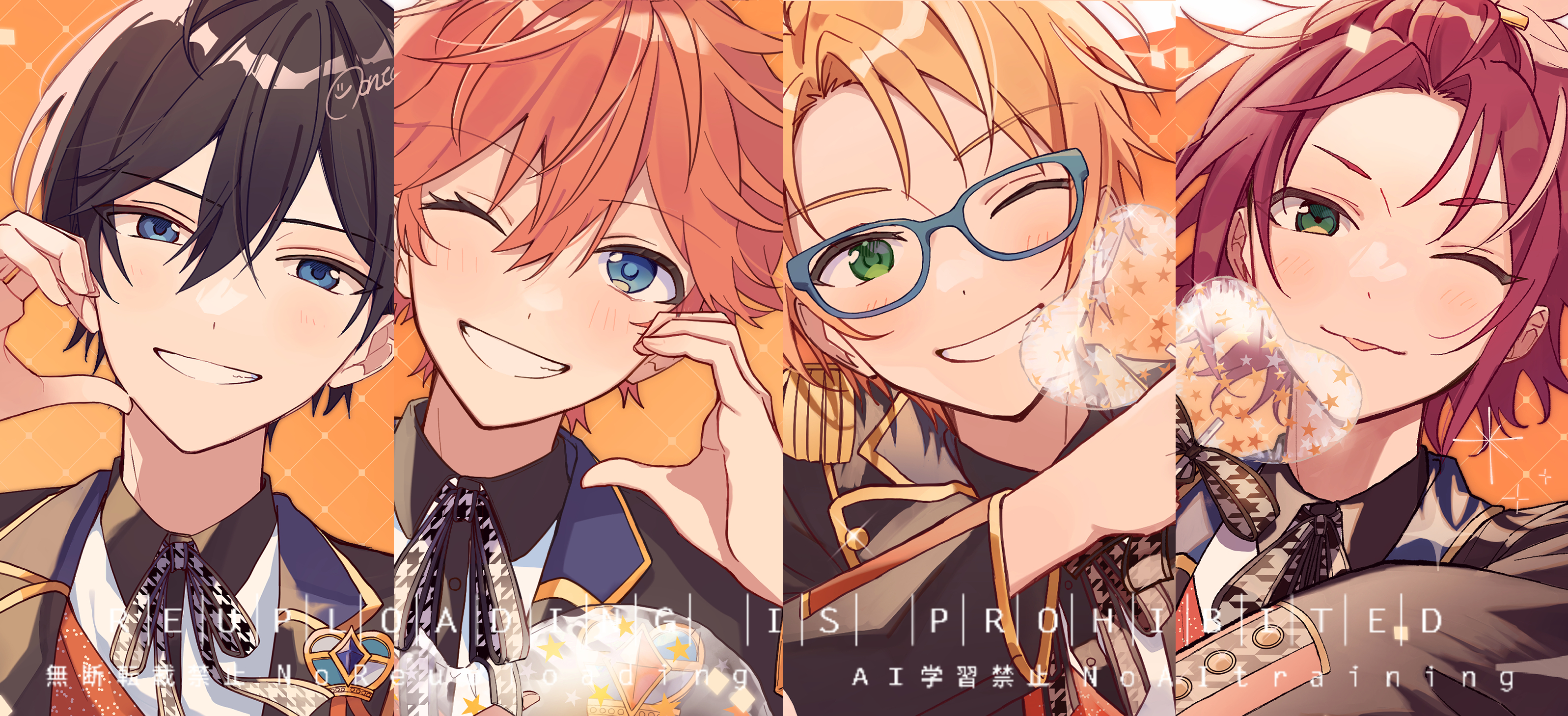 4boys akehoshi_subaru black_hair blonde_hair blue-framed_eyewear blue_eyes ensemble_stars! glasses green_eyes hair_between_eyes half-heart_hands half_updo hidaka_hokuto highres houndstooth isara_mao looking_at_viewer male_focus medium_hair multiple_boys official_alternate_costume one_eye_closed orange_hair parted_bangs red_hair short_hair smile tongue tongue_out trickstar_(ensemble_stars!) upper_body yuuki_makoto_(ensemble_stars!) zu_tonatuyasumi