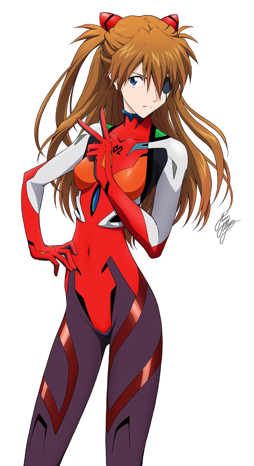 1girl blue_eyes bodysuit breasts brown_hair evangelion:_3.0_you_can_(not)_redo eyepatch hair_over_one_eye hand_on_own_hip highres interface_headset_(evangelion) long_hair marco_albiero mecha_pilot_suit medium_breasts multicolored_bodysuit neon_genesis_evangelion plugsuit_(evangelion) rebuild_of_evangelion signature skin_tight white_background