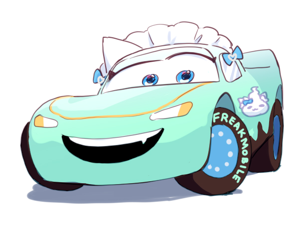 :d aqua_car blue_bow blue_eyes bow car cars_(movie) commentary english_commentary fang indie_virtual_youtuber lightning_mcqueen looking_at_viewer maid_headdress mint_fantome moorina motor_vehicle no_humans open_mouth simple_background smile teeth triangular_headpiece upper_teeth_only vehicle_focus virtual_youtuber white_background
