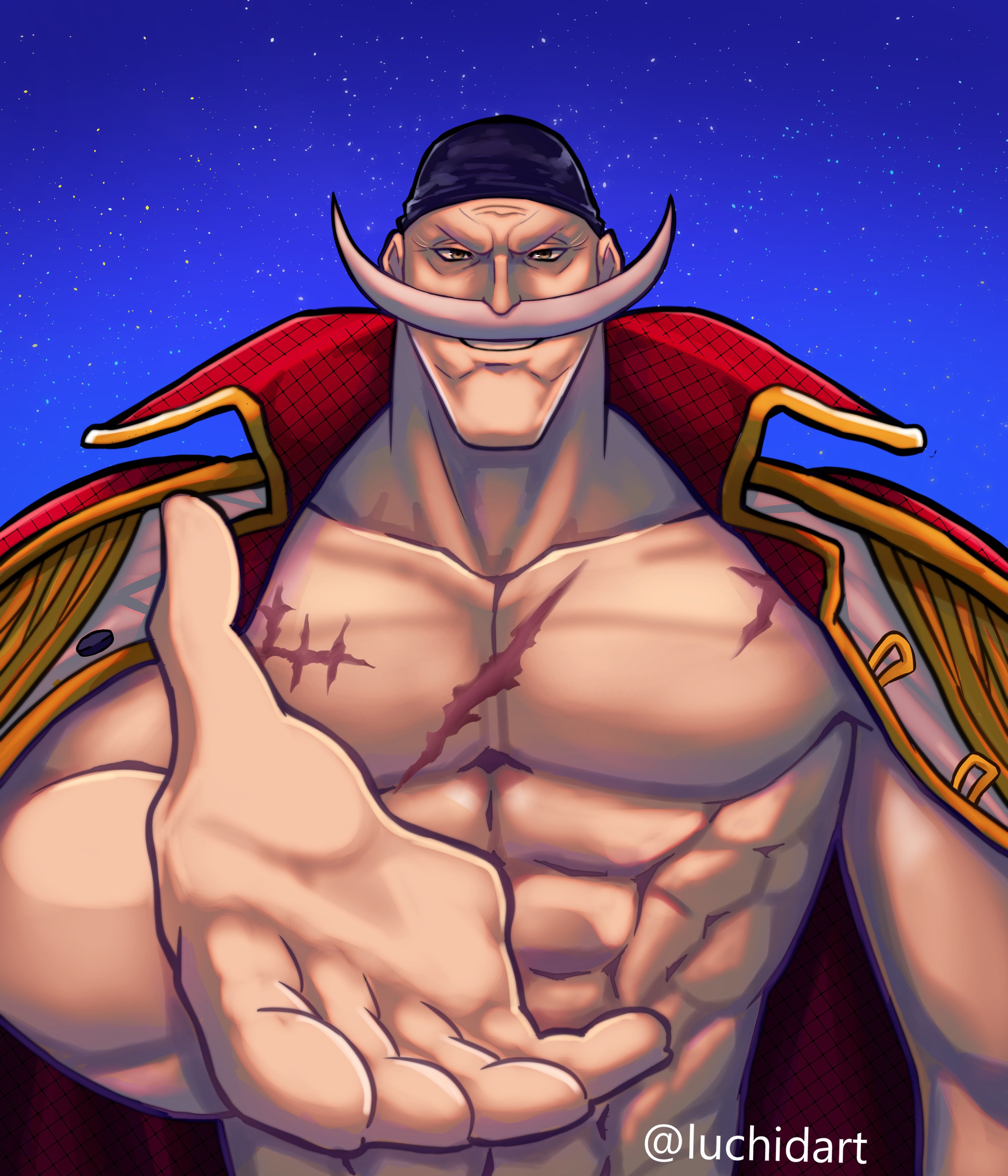 1boy abs absurdres artist_name bandana black_bandana coat coat_on_shoulders collarbone commentary commentary_request edward_newgate english_commentary epaulettes facial_hair highres long_mustache looking_at_viewer luchidart male_focus mixed-language_commentary muscular muscular_male mustache night night_sky offering_hand one_piece open_clothes open_coat outdoors scar scar_on_chest sky smile solo spanish_commentary star_(sky) twitter_username