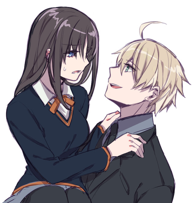 1boy 1girl ahoge arthur_pendragon_(fate) black_hair black_necktie black_pantyhose black_suit black_sweater blonde_hair blue_eyes breasts carrying commentary_request fate/prototype fate_(series) formal_clothes green_eyes grey_shirt grey_skirt medium_breasts miniskirt necktie open_mouth pantyhose qixiang_seren sajou_ayaka_(fate/prototype) school_uniform shirt skirt smile suit sweatdrop sweater