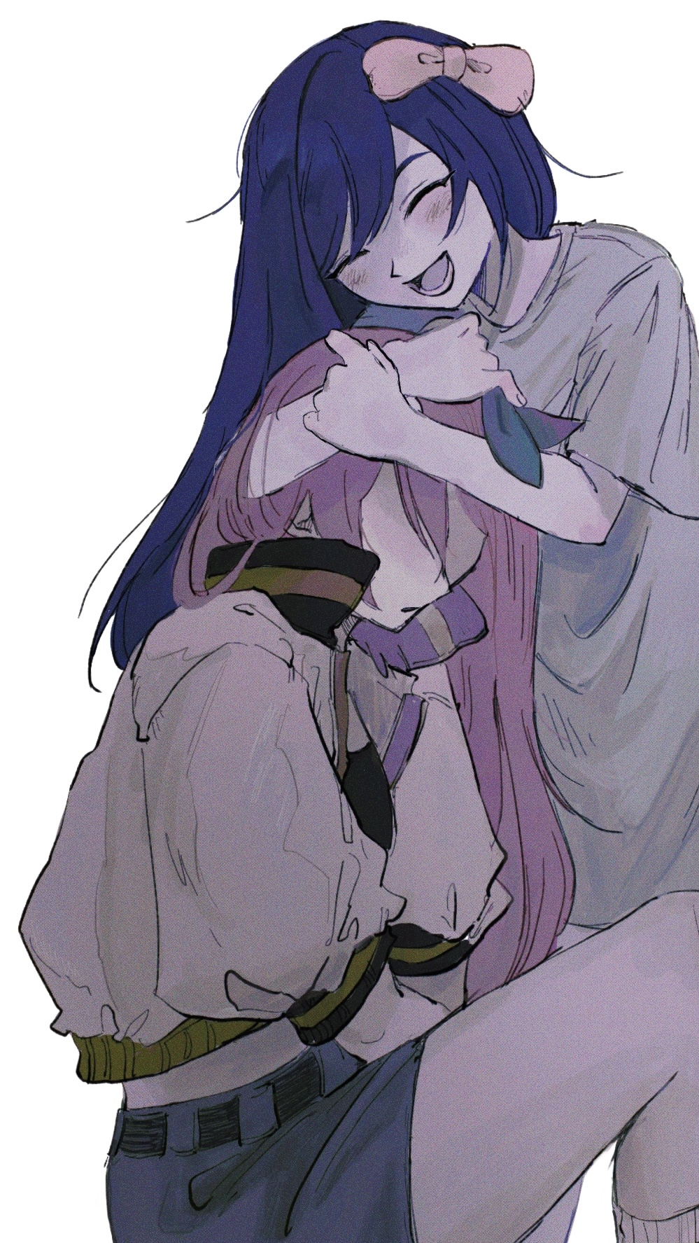 2girls :d ^_^ arms_between_legs aubrey_(faraway)_(omori) aubrey_(headspace)_(omori) aubrey_(omori) blue_bow blue_dress blue_skirt blush bow closed_eyes commentary_request cowboy_shot denim denim_skirt dress dual_persona faceless faceless_female hair_between_eyes hair_bow highres hug head_hug jacket long_hair lower_teeth_only multiple_girls omori open_clothes open_jacket open_mouth pink_bow pink_hair purple_hair sema_(vivaviva_02) short_sleeves simple_background sitting skirt smile socks standing teeth white_background white_jacket white_socks