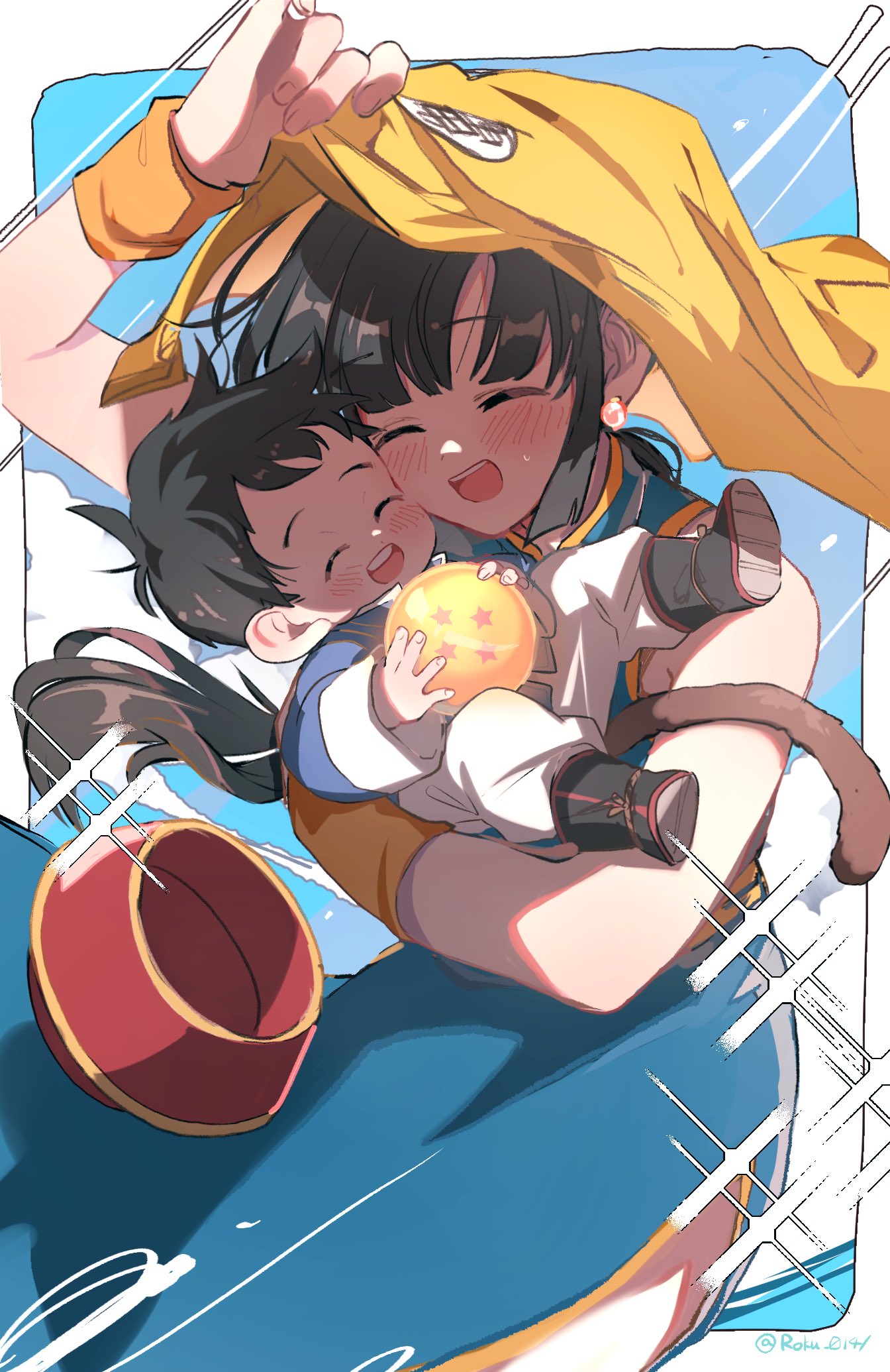 1boy 1girl ball black_hair blue_dress carrying chi-chi_(dragon_ball) child china_dress chinese_clothes closed_eyes commentary_request dragon_ball dragon_ball_(object) dragonball_z dress highres holding holding_ball holding_unworn_clothes long_hair monkey_tail mother_and_son open_mouth ponytail roku_(roku_0141) smile son_gohan tail teeth twitter_username upper_teeth_only wristband