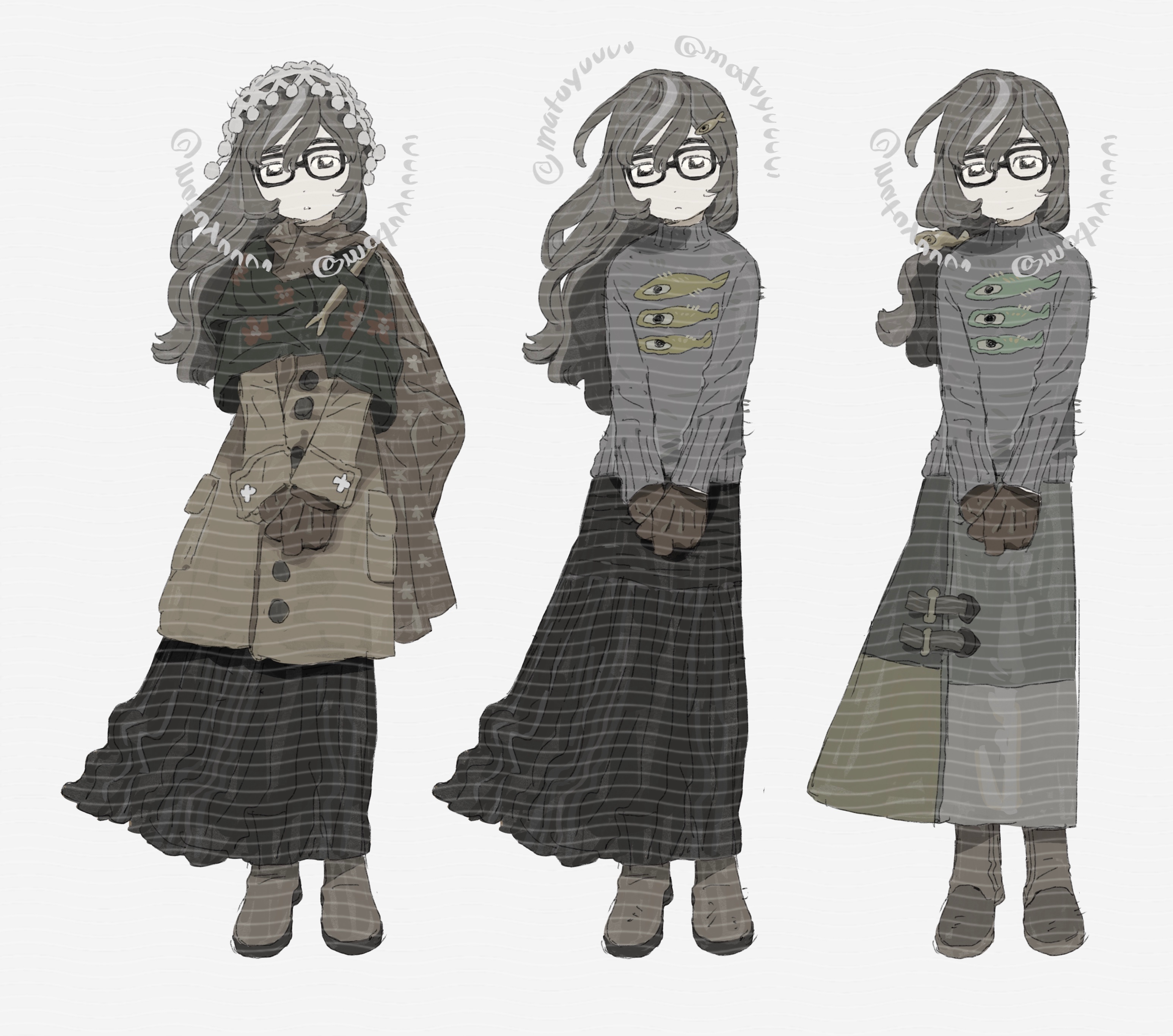 1girl absurdres animal_print black_skirt boots brown_gloves casual clothes_focus fashion fish_print full_body glasses gloves grey_hair grey_sweater highres long_hair long_skirt looking_at_viewer ma_fu multiple_views original skirt sweater white_background