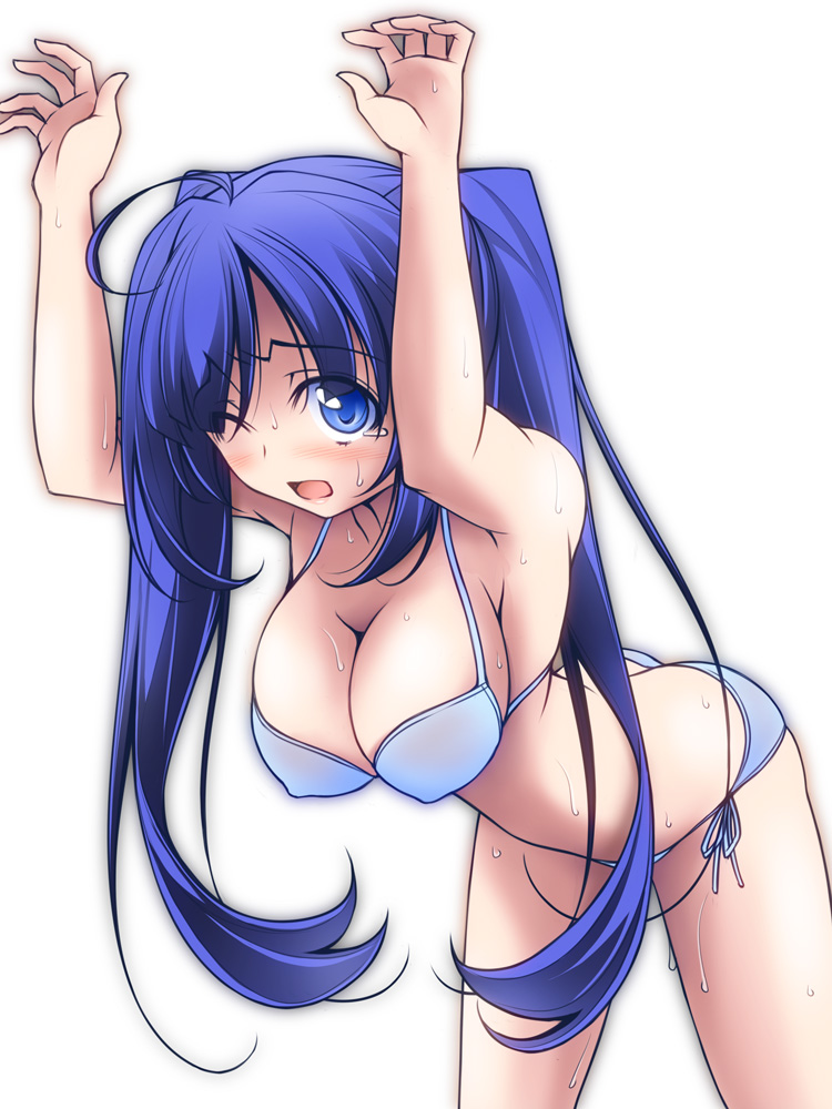 1girl arms_up bikini blue_bikini blue_eyes blue_hair blush breasts cleavage commentary_request cowboy_shot frown halterneck invisible_wall kikuchi_tsutomu large_breasts leaning_forward long_hair looking_at_viewer one_eye_closed open_mouth original side-tie_bikini_bottom simple_background solo standing sweat swimsuit tearing_up twintails wet white_background