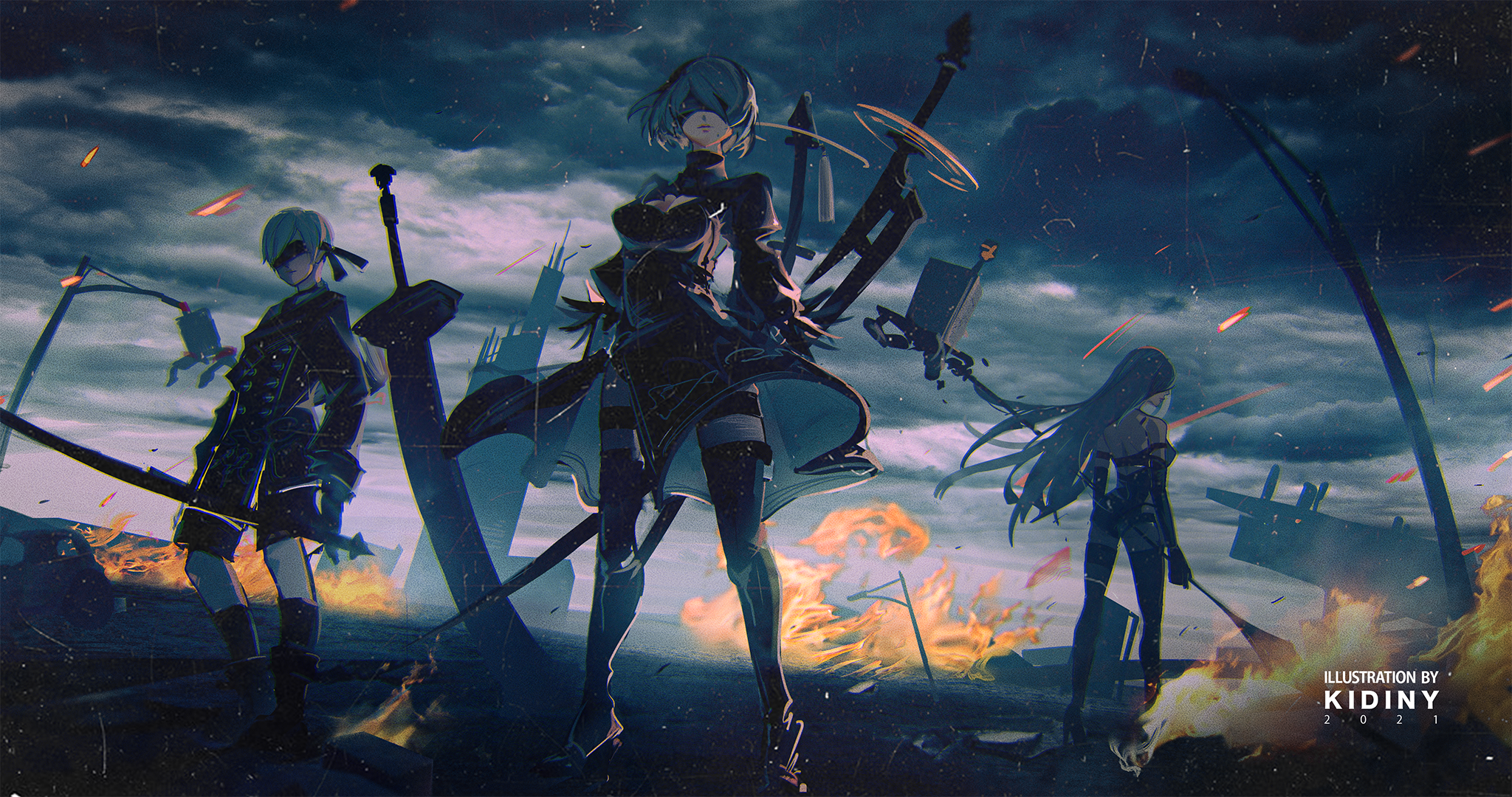 1boy 2b_(nier:automata) 2girls 9s_(nier:automata) a2_(nier:automata) android artist_name ashes ass bare_shoulders black_blindfold black_boots black_dress black_gloves black_hairband black_thighhighs blindfold boots breasts building choker cleavage clothing_cutout cloud cloudy_sky covered_eyes dated dress drone dutch_angle elbow_gloves english_text expressionless facing_away feather-trimmed_sleeves feather_trim fire floating from_below full_body gloves hairband high_heel_boots high_heels highres holding holding_polearm holding_sword holding_weapon joints juliet_sleeves jyunac kneehighs lamppost long_hair long_sleeves looking_back medium_breasts mole mole_under_mouth multiple_girls nier:automata nier_(series) pod_(nier:automata) polearm profile puffy_sleeves robot_joints ruins scenery short_hair shorts sky socks standing sword thigh_boots thighhighs thighhighs_under_boots virtuous_contract weapon white_hair