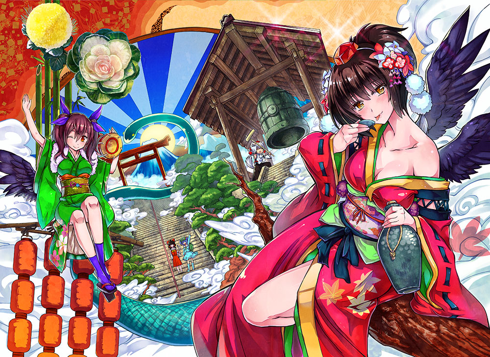 5girls alcohol alternate_hairstyle architecture bamboo bare_shoulders bell bottle breasts brown_hair cleavage drum east_asian_architecture egasumi female_focus geta hair_ornament hakurei_reimu hat hatsuyume himekaidou_hatate instrument inubashiri_momiji japanese_clothes kanzashi kawashiro_nitori kimono lamp large_breasts leaf legs maple_leaf mishaguji mount_fuji mountain multiple_girls naughty_face new_year obi off_shoulder one_eye_closed sake sake_bottle sash shameimaru_aya tamon_ketsuyuki tengu-geta tokin_hat torii touhou tsuzumi twintails two_side_up wings