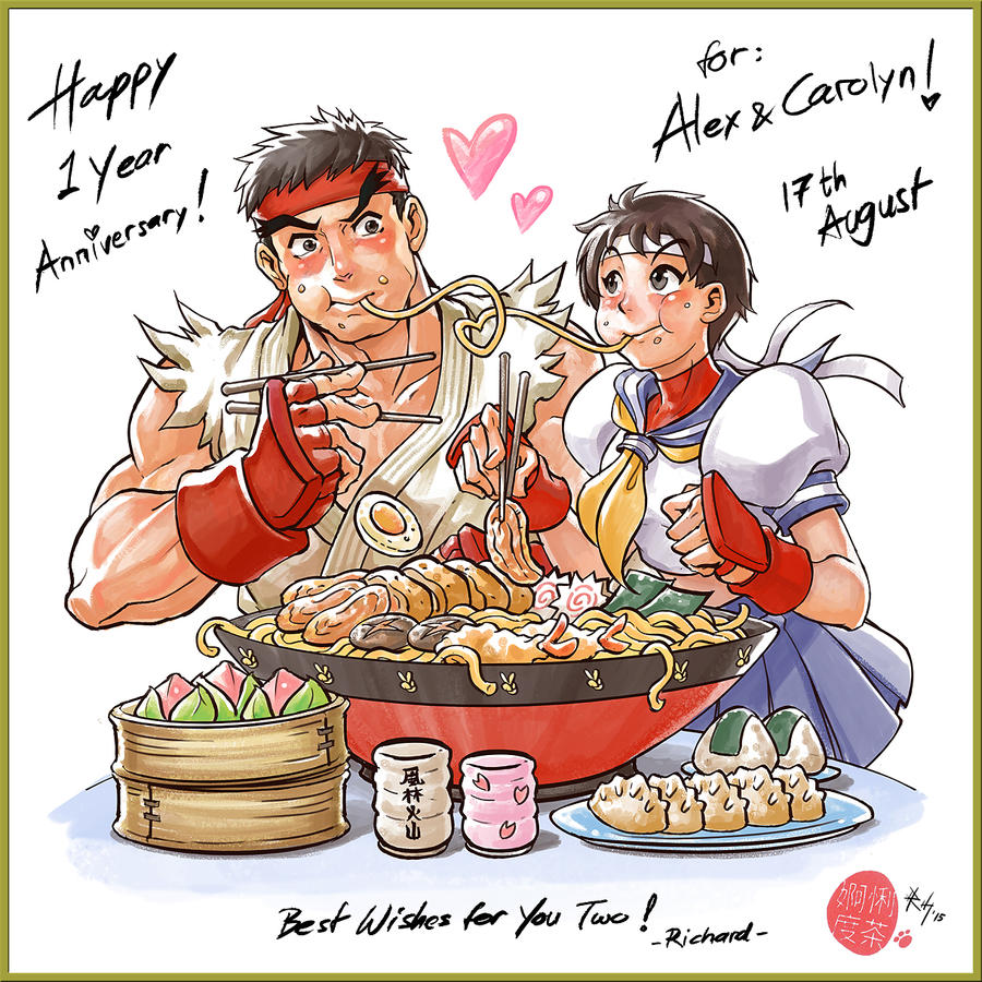 1boy 1girl black_hair blush bowl breasts brown_eyes brown_hair capcom chopsticks couple cup dougi dumpling egg egg_(food) fingerless_gloves food food_in_mouth food_on_face gloves hairband hand_guard headband kamaboko karate_gi kasugano_sakura leaf mochi muscular muscular_male narutomaki noodles onigiri plate pork ramen red_hairband red_headband richard_suwono ryu_(street_fighter) school_uniform seaweed sharing_food short_hair shrimp shrimp_tempura signature simple_background skirt small_breasts street_fighter tempura tomboy torn_clothes torn_sleeves white_headband