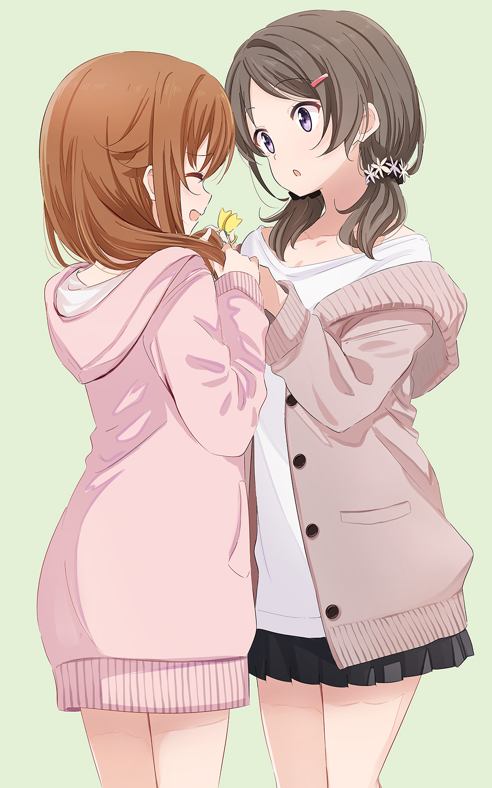2girls :d :o abe_kanari black_skirt brown_hair brown_jacket buttons china_moeka closed_eyes collarbone cowboy_shot dress facing_another green_background hair_ornament hair_over_shoulder hair_scrunchie hairclip hands_up high_school_fleet highres holding holding_hair_ornament holding_own_hair hood hood_down hooded_sweater jacket long_hair long_shirt long_sleeves looking_at_another low_twintails medium_hair miniskirt misaki_akeno multiple_girls off_shoulder open_clothes open_jacket open_mouth parted_bangs pink_sweater pleated_skirt purple_eyes scrunchie shirt simple_background skirt smile standing straight_hair sweater sweater_dress twintails white_shirt