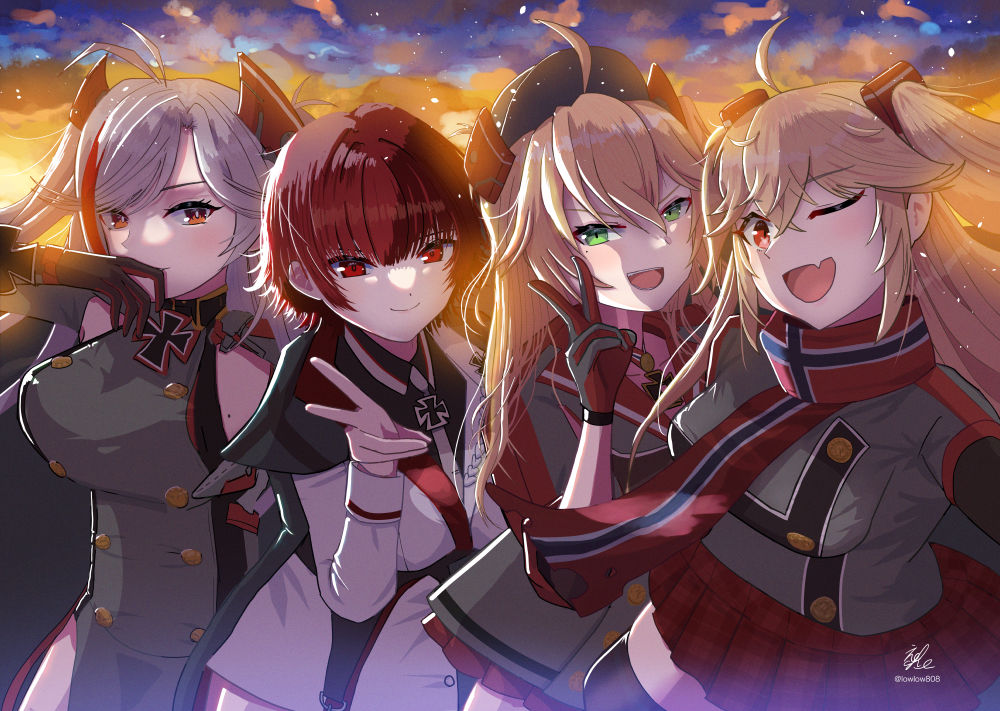 4girls admiral_hipper_(azur_lane) antenna_hair azur_lane blonde_hair bluecher_(azur_lane) breasts commentary cross echo_(lowlow808) fang gloves green_eyes grey_gloves grey_hair hair_between_eyes headgear iron_cross jacket large_breasts long_hair looking_at_viewer miniskirt multicolored_hair multicolored_jacket multicolored_scarf multiple_girls one_eye_closed open_mouth orange_eyes plaid_clothes plaid_skirt prinz_eugen_(azur_lane) red_eyes red_gloves red_hair red_skirt scarf short_hair siblings sideless_shirt sisters skin_fang skirt smile streaked_hair two-tone_gloves two-tone_jacket weser_(azur_lane)