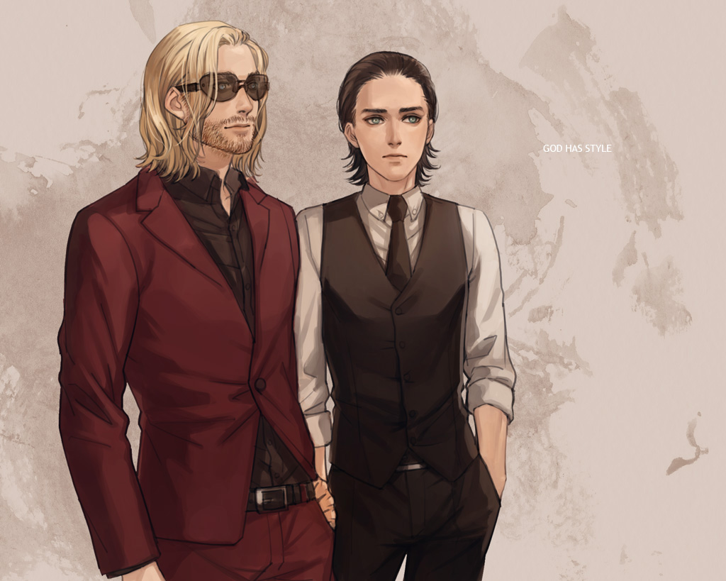 2boys avengers_(series) bad_id bad_pixiv_id belt black_hair black_pants blonde_hair blue_eyes brother brothers facial_hair formal_clothes green_eyes hands_in_pockets jacket loki_(marvel) male_focus marvel marvel_cinematic_universe multiple_boys mustache necktie pants reammara red_jacket shirt siblings standing stubble suit sunglasses thor_(marvel) vest waistcoat white_shirt