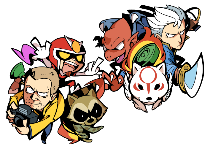 00s 4boys alternate_color amaterasu_(ookami) capcom chibi dead_rising devil_may_cry_(series) frank_west hounori makaimura male_focus marvel marvel_vs._capcom marvel_vs._capcom_3 middle_finger multiple_boys ookami_(game) red_arremer rocket_raccoon simple_background vergil_(devil_may_cry) viewtiful_joe viewtiful_joe_(character)