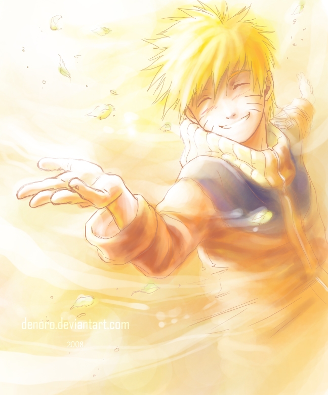 autumn autumn_leaves bliss blonde_hair blush dancing denoro facial_mark leaf naruto_(series) ninja orange_pants pants signature smile solo spiked_hair spinning uzumaki_naruto whisker_markings wind
