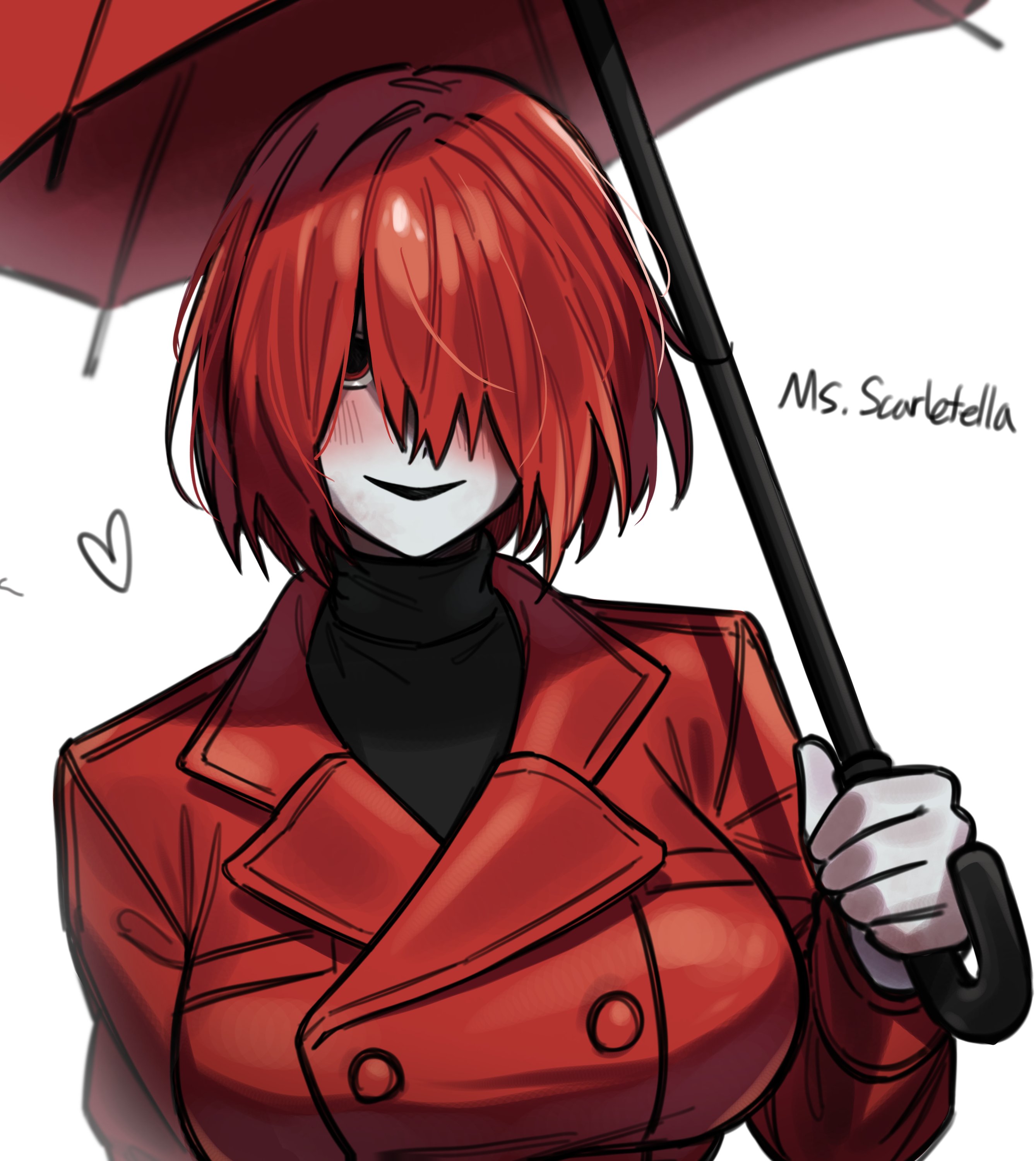 1girl absurdres blush breasts coat commentary_request genderswap genderswap_(mtf) hair_over_one_eye highres holding holding_umbrella homicipher korean_commentary large_breasts looking_at_viewer mr._scarletella myam_(123ab456c) red_coat red_eyes red_hair red_umbrella short_hair simple_background solo turtleneck umbrella upper_body white_background