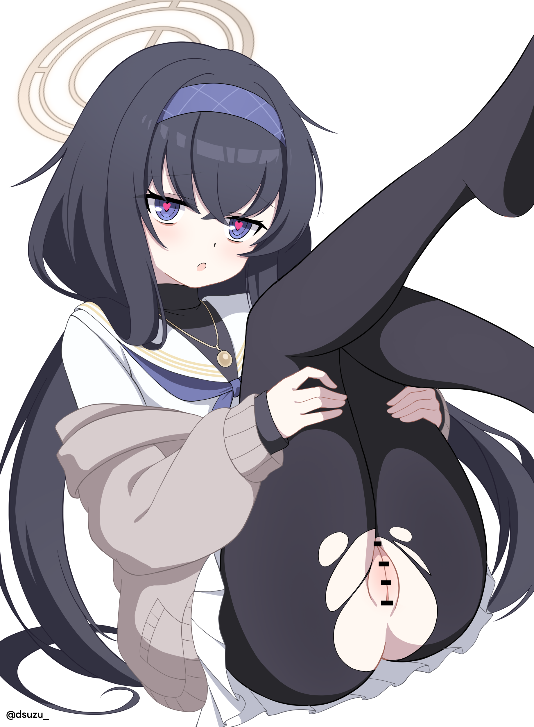 1girl :o absurdres bar_censor black_hair black_pantyhose blue_archive blue_eyes blue_hairband blue_neckerchief brown_cardigan cardigan censored cleft_of_venus commentary_request crossed_bangs dsuzu feet_out_of_frame hair_over_shoulder hairband halo hands_on_own_thighs heart heart-shaped_pupils highres jewelry jitome legs_up long_hair long_sleeves looking_at_viewer low_twintails miniskirt mons_pubis neckerchief necklace no_panties no_shoes open_cardigan open_clothes pantyhose parted_lips pendant pink_pupils pleated_skirt presenting_pussy pussy raised_inner_eyebrows sailor_collar school_uniform serafuku shirt simple_background sitting skirt solo symbol-shaped_pupils torn_clothes torn_pantyhose turtleneck twintails ui_(blue_archive) very_long_hair white_background white_sailor_collar white_shirt white_skirt yellow_halo