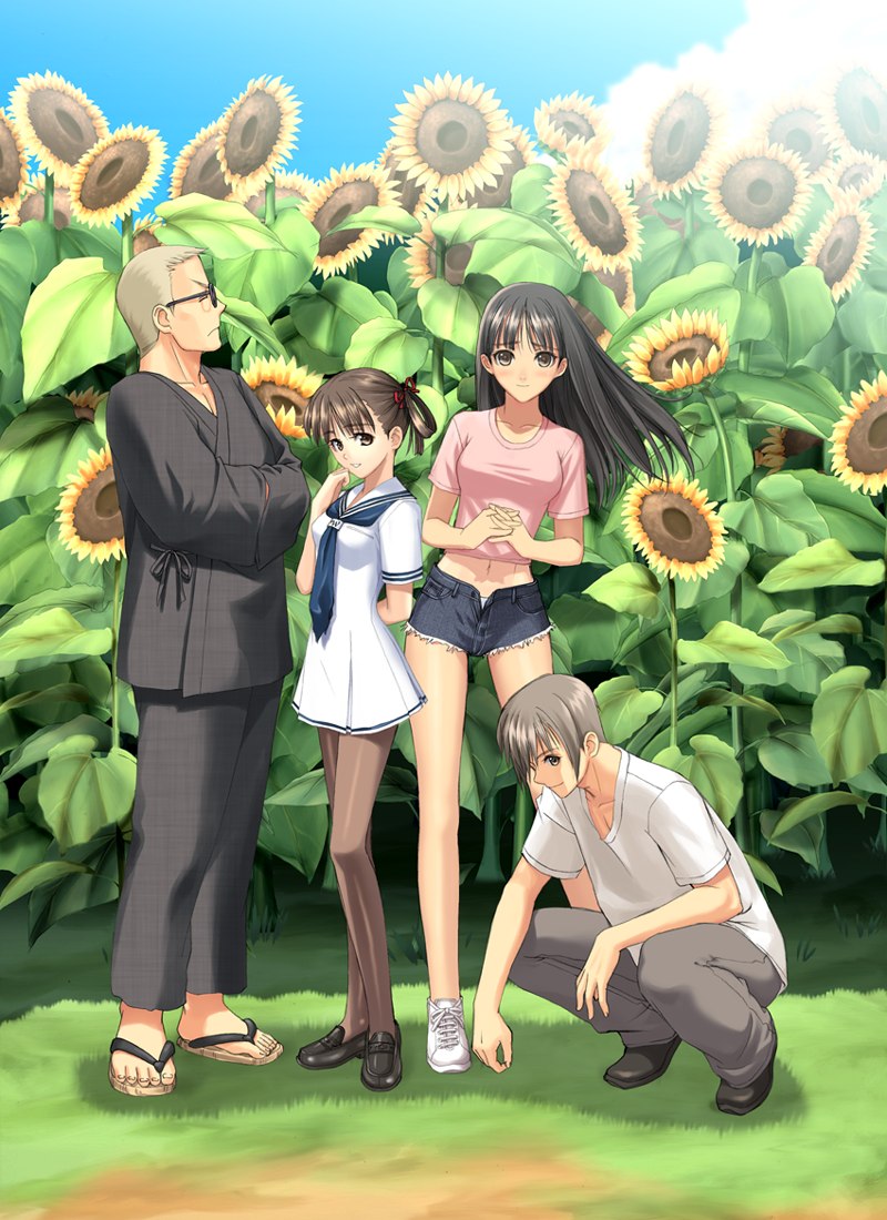 00s 2boys 2girls black_hair blush brown_eyes brown_hair closed_eyes crossed_arms cutoffs day denim denim_shorts dress feet flower glasses grass grey_hair japanese_clothes long_hair midriff mizushima_asa multiple_boys multiple_girls no_socks outdoors own_hands_clasped own_hands_together panties pantyhose petite sailor_dress saisho_hajime sandals shirt shoes short_hair short_shorts shorts smile sneakers sora_no_iro_mizu_no_iro sorayama_natsume squatting sunflower t-shirt tony_taka twintails unbuttoned underwear unno_juuzou white_panties zouri