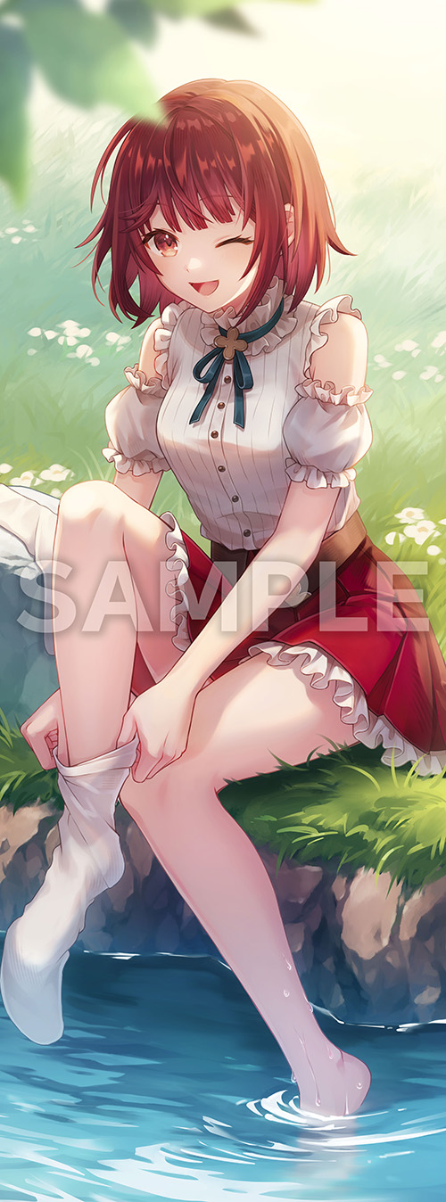 1girl atelier_(series) atelier_resleriana atelier_resleriana:_the_red_alchemist_&amp;_the_white_guardian atelier_sophie grass highres official_art on_grass one_eye_closed open_mouth red_hair red_skirt sample_watermark shirt skirt smile socks sophie_neuenmuller water watermark white_shirt white_socks