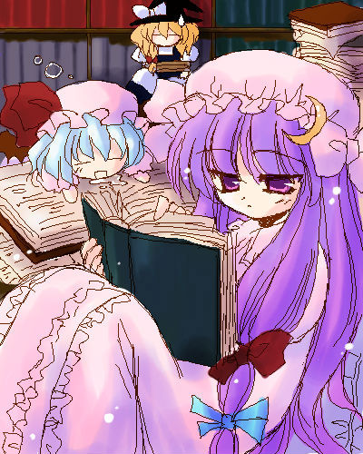 2000s_(style) 3girls archived_source bat_wings black_hat blonde_hair blue_hair book book_stack bookshelf bow crescent crescent_hat_ornament dress drooling fujimiya_misuzu hat hat_bow hat_ornament hat_ribbon holding holding_book indoors jaggy_lines kirisame_marisa library light_blue_hair long_hair lowres mob_cap multiple_girls open_book patchouli_knowledge pink_dress pink_hat purple_eyes purple_hair reading red_ribbon remilia_scarlet ribbon saliva short_hair sleeping squeans sweatdrop touhou turning_page voile white_bow wings witch_hat