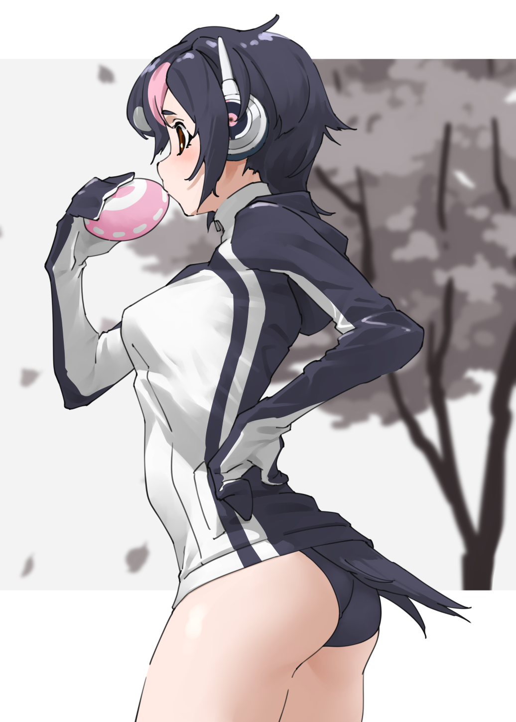 1girl animal_hood black_hair brown_eyes commentary eating food gloves headphones highres hood hoodie humboldt_penguin_(kemono_friends) japari_bun kemono_friends multicolored_hair panties penguin_girl penguin_hood pink_hair short_hair solo tail tanabe_(fueisei) tree two-tone_hair underwear zipper